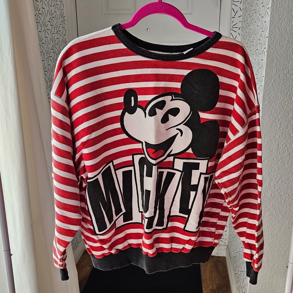 Vintage Mickey & Co Red and White Striped Sweatshirt, Size large